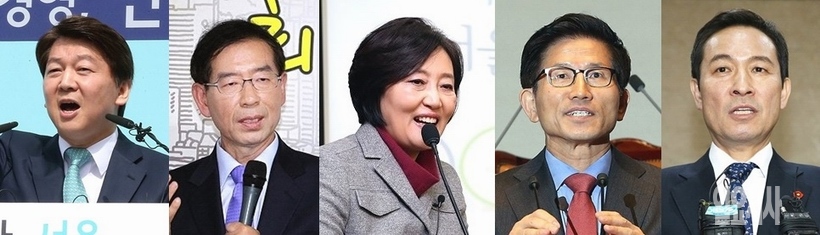 (사진 왼쪽부터)서울시장 후보로 출마한 안철수 바른미래당 인재영입위원장, 박원순 현 서울시장, 박영선 더불어민주당 의원, 김문서 전 경기도지사, 우상호 더불어민주당 의원