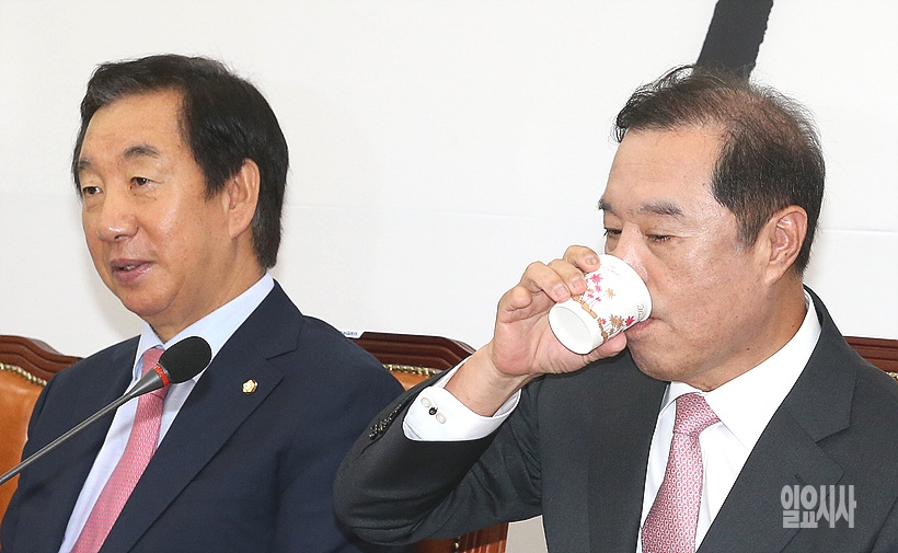 자유한국당 김병준 비상대책위원장(사진 오른쪽)과 김성태 원내대표가 비상대책위원회 회의에 참석해 있다.