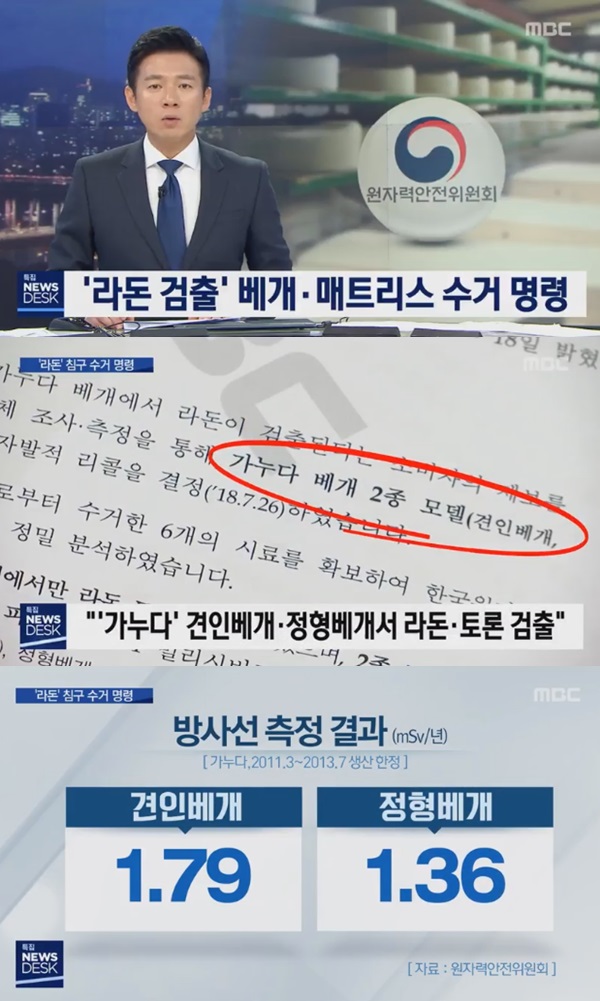 라돈 검출된 가누다베개 (사진: MBC 뉴스)