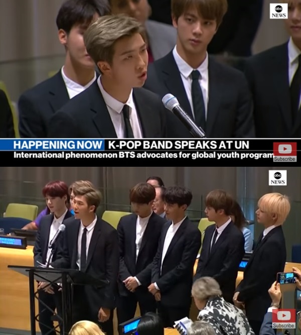방탄소년단 유엔 연설 유엔 총회 연설 (사진: ABC 뉴스, 유튜브)