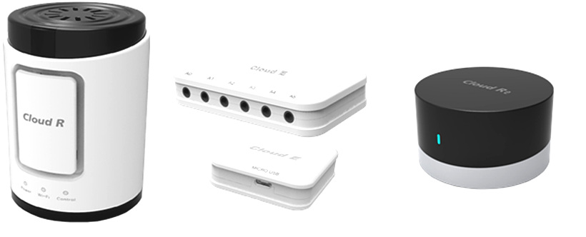 사진 좌측부터 실내환경 측정기(Cloud R), 무선 전력량계(Cloud E), IR 신호 송신 기기(Cloud RE) 이미지