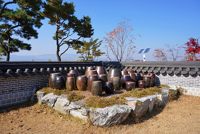 쌀문화전시관 마당 한쪽 장독대가 햇살에 반짝인다. ▲ 쌀문화전시관 마당 한쪽 장독대가 햇살에 반짝인다.