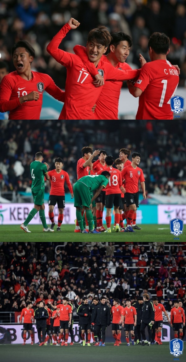 득점한 이청용(위), 경기 종료 후 기쁨을 표하는 대표팀 선수들 (중간, 아래) (사진: 대한 축구협회 공식 홈페이지) ▲ 득점한 이청용(위), 경기 종료 후 기쁨을 표하는 대표팀 선수들 (중간, 아래) (사진: 대한 축구협회 공식 홈페이지)