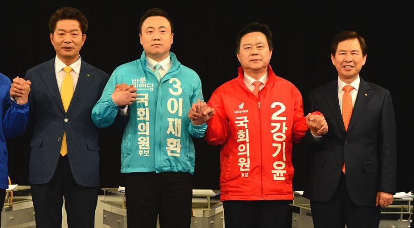 (사진 왼쪽부터)여영국(민주진보 단일후보)·이재환(바른미래당)·강기윤(자유한국당)·손석형(민중당) 후보 ▲ (사진 왼쪽부터)여영국·이재환·강기훈·손석형 후보