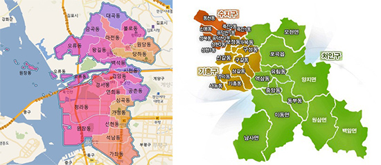 인천 서구 행정구역도, 용인시 행정구역도 ▲ 인천 서구 행정구역도, 용인시 행정구역도
