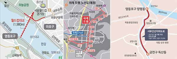 월드컵대교 위치도/위례 트램(위례선) 노선도/서부간선도로 지하화 구간 ▲ 월드컵대교 위치도/위례 트램(위례선) 노선도/서부간선도로 지하화 구간