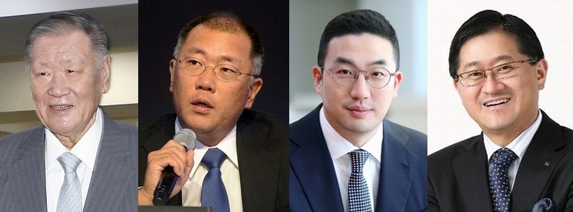 (사진 왼쪽부터)정몽구 현대차그룹 회장, 정의선 현대차그룹 수석부회장, 구광모 LG그룹 회장, 서경배 아모레퍼시픽그룹 회장 ▲ (사진 왼쪽부터)정몽구 현대그룹 회장, 정의선 현대자동차 부회장, 구광모 LG그룹 회장, 서경배 아모레퍼시픽 회장