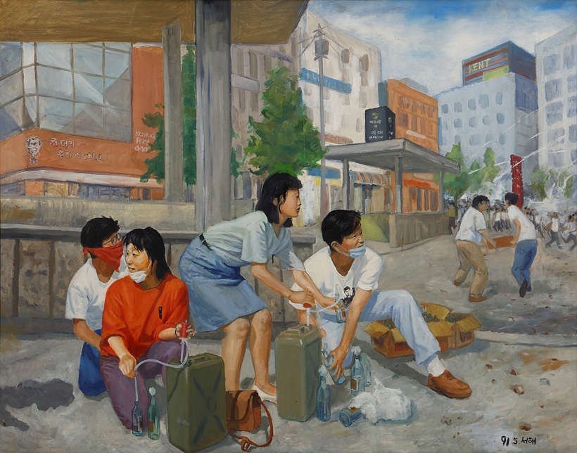 박영균_강경대열사 장례식날 이대앞에서, on canvas, 130x97cm, 1992년 ▲ 박영균_강경대열사 장례식날 이대앞에서, on canvas, 130x97cm, 1992년