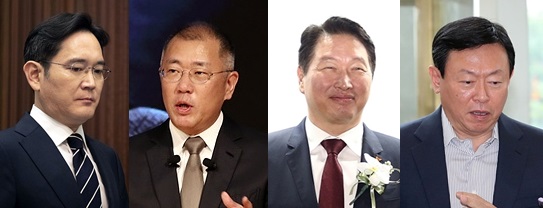 (사진 왼쪽부터)이재용 삼성전자 부회장, 정의선 현대자동차그룹 수석부회장, 최태원 SK그룹 회장, 신동빈 롯데그룹 회장 ▲ (사진 왼쪽부터)이재용 삼성 부회장, 정의선 현대차 부회장, 최태원 SK 회장, 신동빈 롯데그룹 부회장