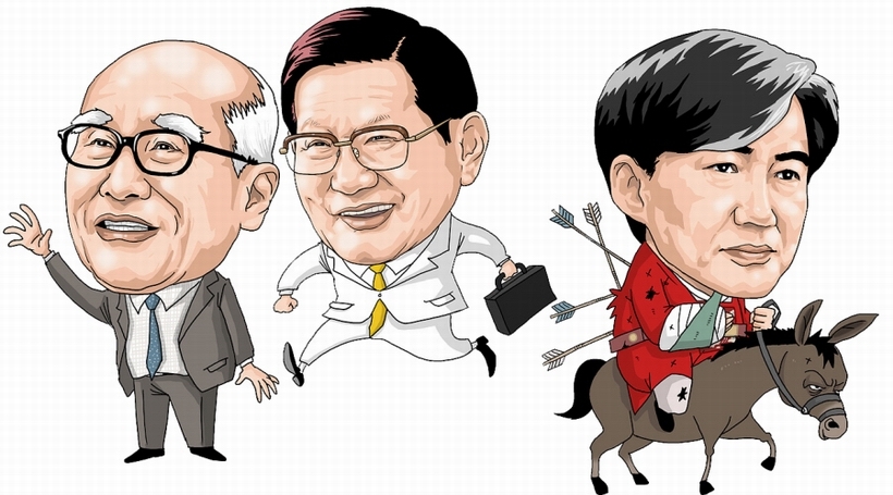 (왼쪽부터)김우중 전 대우그룹 회장, 이만희 신천지 총회장, 조국 전 법무부장관 ▲ (왼쪽부터)대우그룹 김우중 회장, 이만희 신천지 회장, 조국 전 법무부장관
