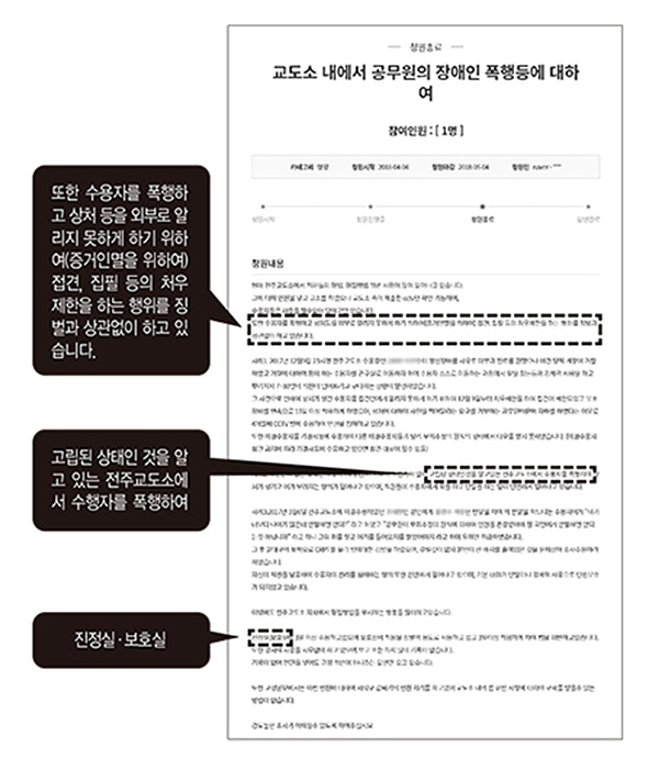 전주교도소 출신들의 증언과 유사한 내용의 청와대 국민청원 ▲ 전주교도소 출신들의 증언과 유사한 내용의 청와대 국민청원