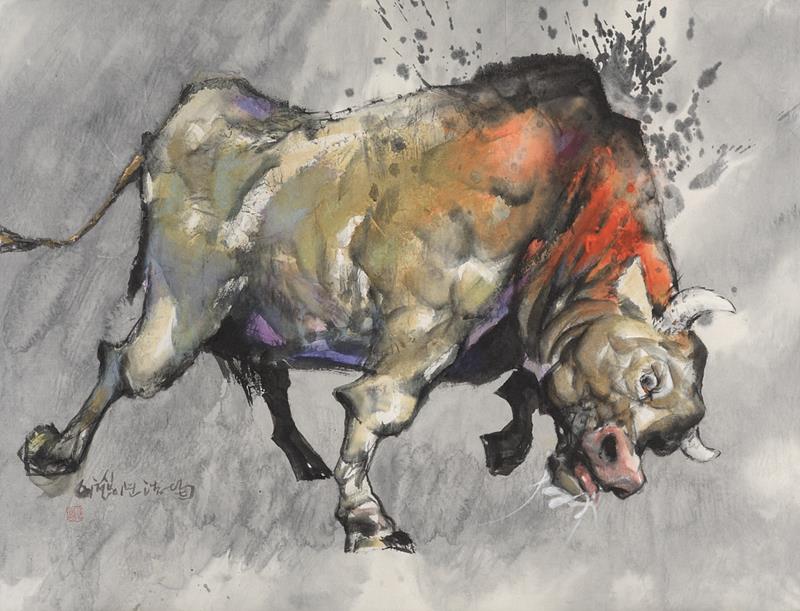 안호균, 鬪牛(BullFighting) 91x117Cm, 지본묵채, 2012 ▲ 안호균_鬪牛(BullFighting) 91x117Cm, 지본묵채, 2012