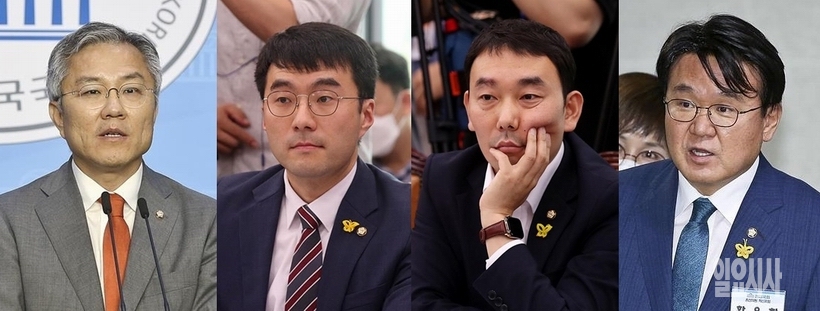 (사진 왼쪽부터)최강욱 열린민주당 대표, 김남국·김용민·황운하 더불어민주당 의원 ⓒ고성준 기자 ▲ (사진 왼쪽부터)최강욱 열린민주당 대표, 김남국·김용민·황운하 더불어민주당 의원 ⓒ고성준 기자
