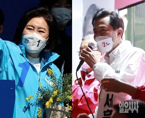 (사진 왼쪽부터)4·7 재보궐선거를 이틀 앞두고 2강 구도 판세를 보이고 있는 박영선(더불어민주당)·오세훈(국민의힘) 서울시장 후보 ⓒ고성준 기자 ▲ ▲▲ (사진 왼쪽부터)4·7 재보궐선거를 이틀 앞두고 2강 구도 판세를 보이고 있는 박영선(더불어민주당)·오세훈(국민의힘) 서울시장 후보 ⓒ고성준 기자